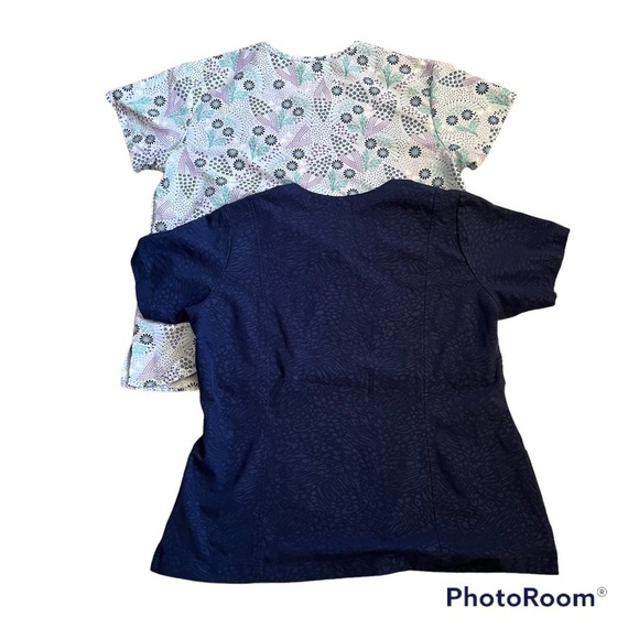 2 medical scrub tops, XL, blue animal print Jockey, white print Serene Uniforms - Picture 2 of 10